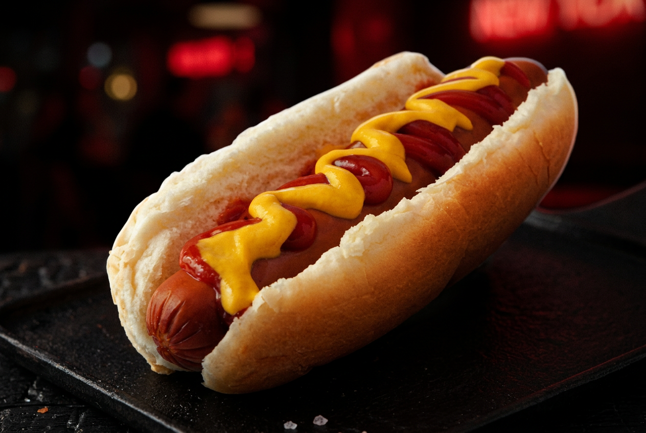 Hot dog in a soft bun with ketchup and mustard under red arena lighting